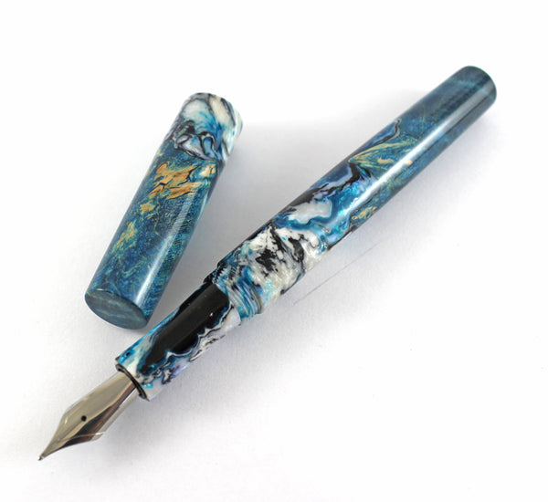 Blue Swirl & dyed Big leaf Maple Hybrid Fountain Pen