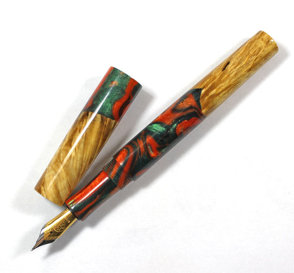 Black & Orange swirl Box Elder Burl Hybrid Fountain Pen