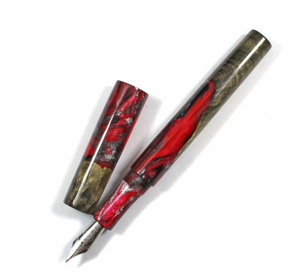 Red & Black swirl Buckeye Burl Hybrid Fountain Pen