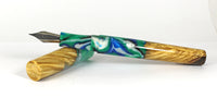 Blue & Green swirl Box Elder Burl Hybrid Fountain Pen