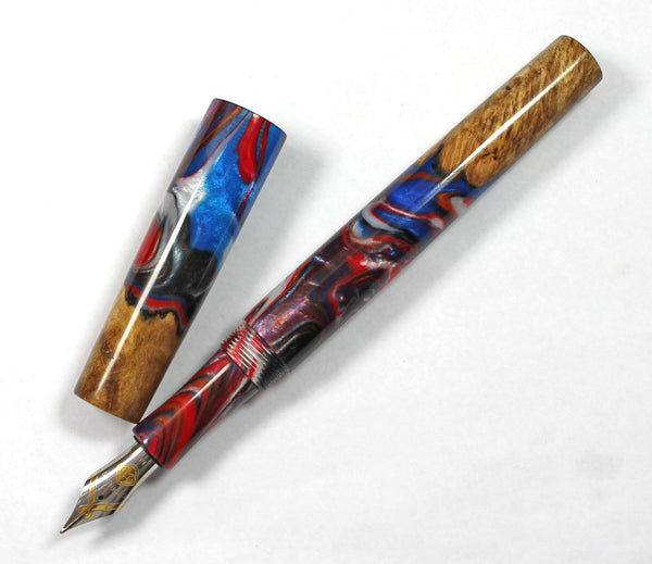 Red,White & Blue swirl Big Leaf Maple Burl Hybrid Fountain Pen